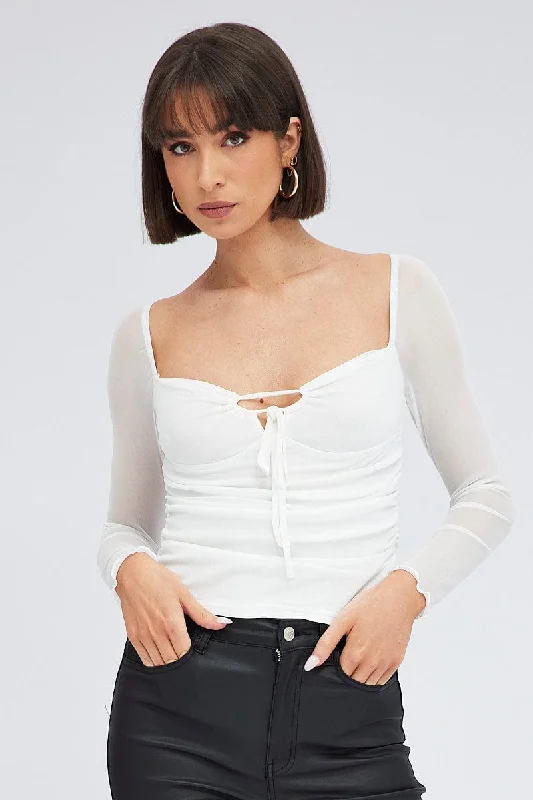 Value Deals White Top Long Sleeve Sweetheart Keyhole Ruched Mesh