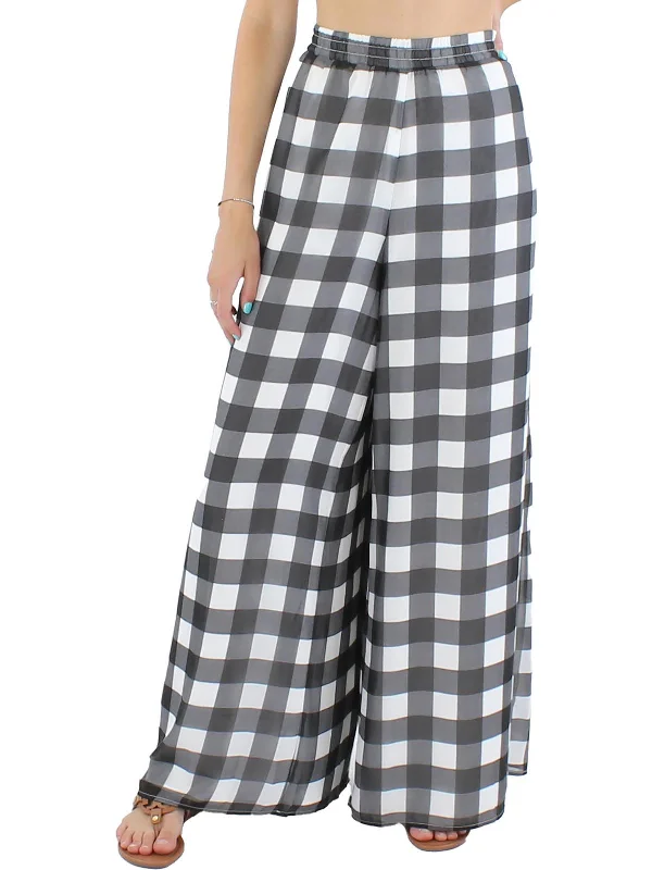 Discount Extravaganza Womens Chiffon Check Print Wide Leg Pants