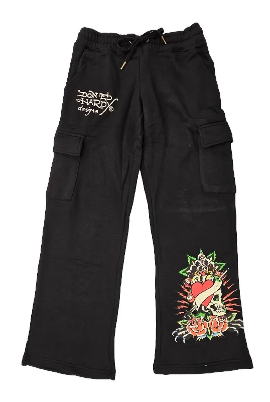 Steals and Deals Women's Rose Skull Cargo Sweatpant In Black