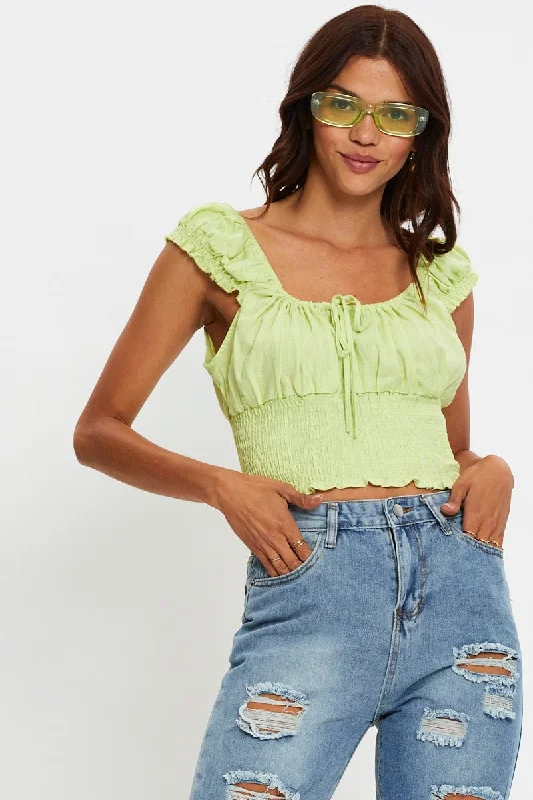 Major Savings Yellow Short Sleeve Linen Shirred Top