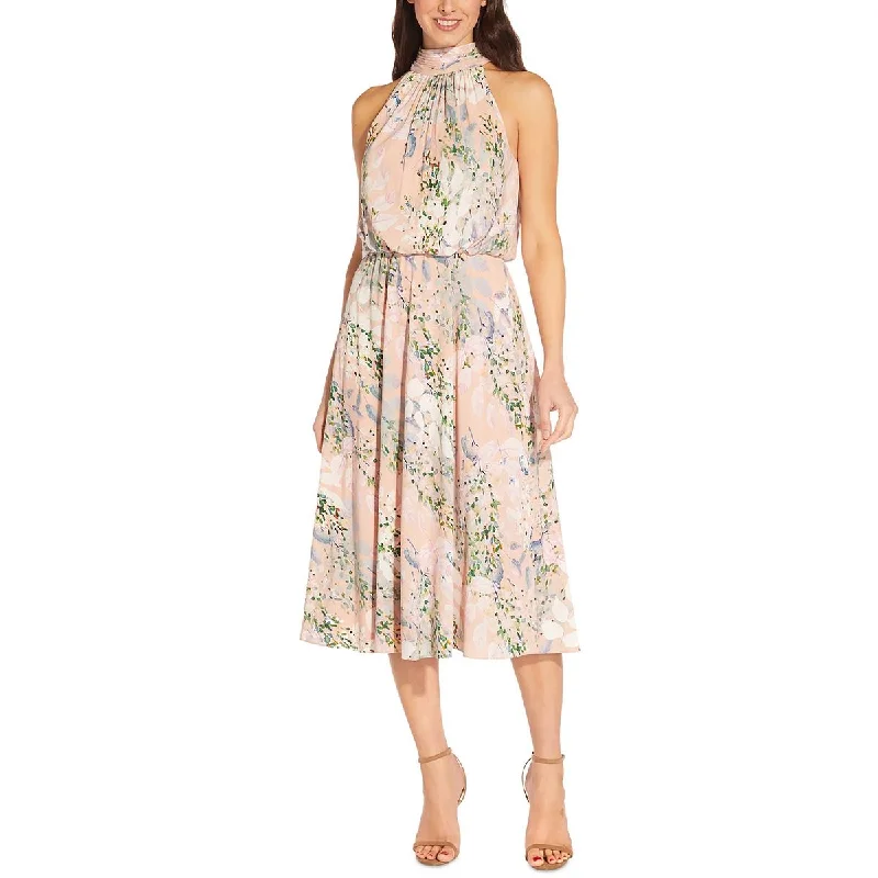 Final Markdown Adrianna Papell Womens Floral Print Mid Calf Halter Dress