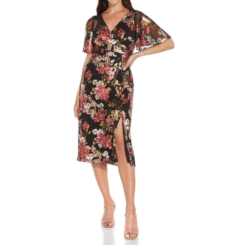 Mega Deal Adrianna Papell Womens Petites Foiled Midi Cocktail and Party Dress