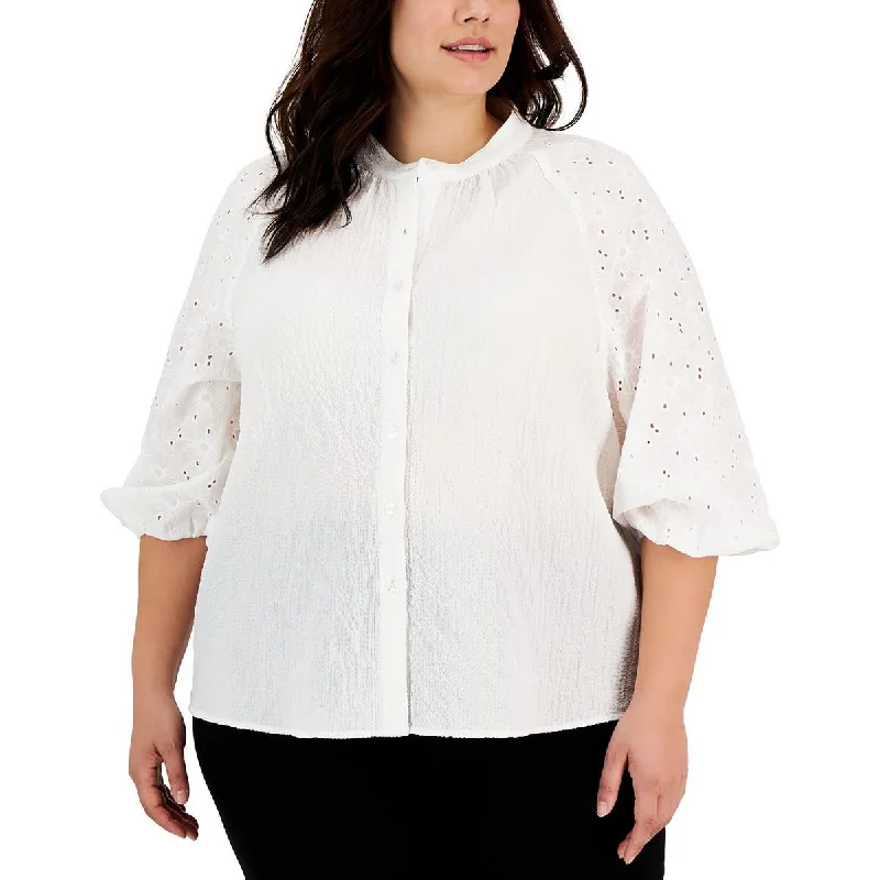 Members Only Anne Klein Womens Plus Floral Eyelet Button-Down Top