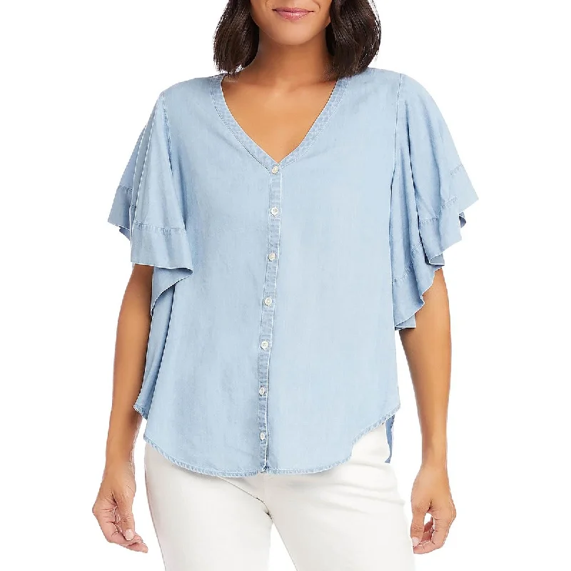 Crazy Deals Karen Kane Womens Flutter Sleeve Top Hi-Low V-Neck Button-Down Top
