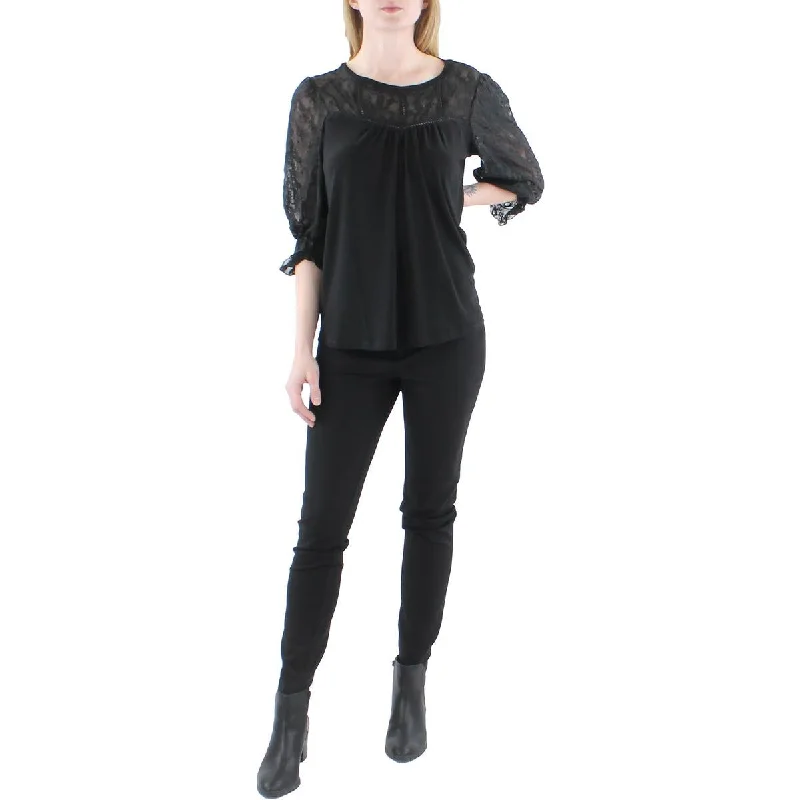 Super Deal NY Collection Womens Petites Knit Lace-Trim Blouse