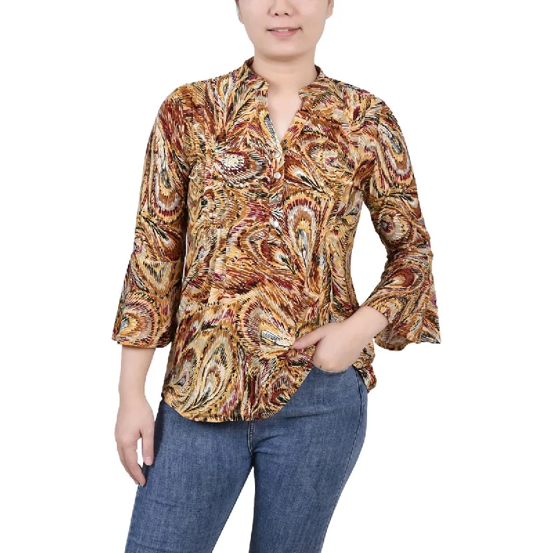 Hurry In NY Collection Womens Petites Printed Y-Neck Blouse