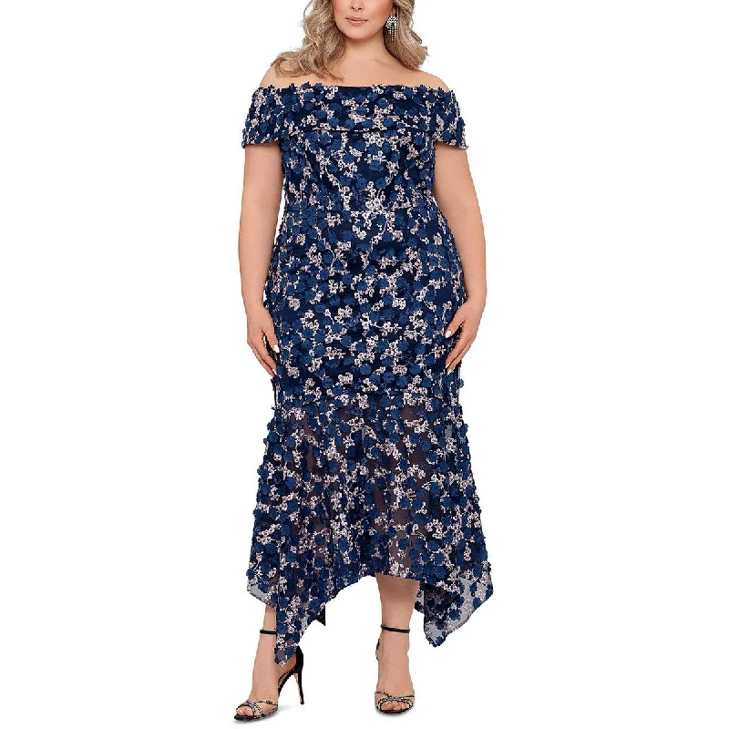 Xscape Womens Plus Floral Off-The-Shoulder Evening Dress