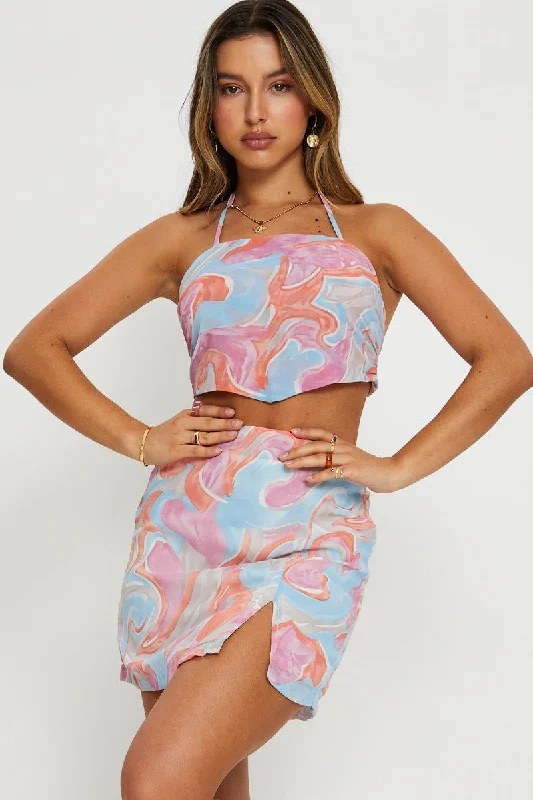 Instant Savings Abstract Print Mini Skirt Slit
