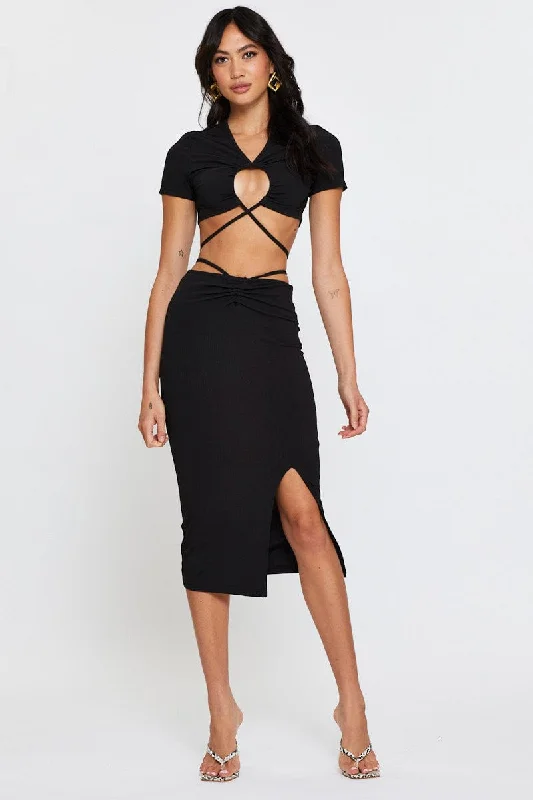 Best Seller Black Ribbed Bodycon Midi Skirt