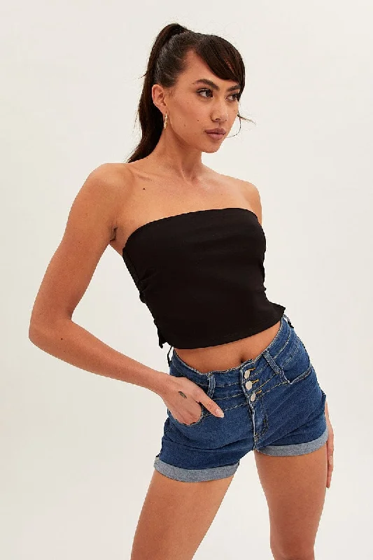 Instant Discount Blue High Waist 3 Button Stretch Denim Shorts