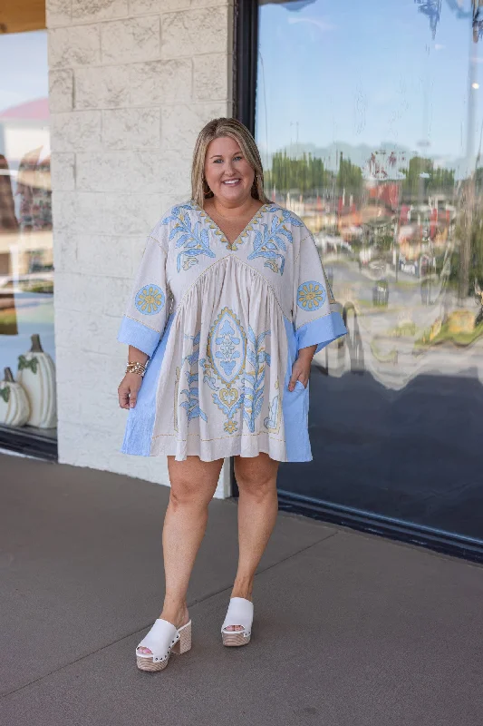 Last Chance Embroidered Treasure Taupe Babydoll Dress