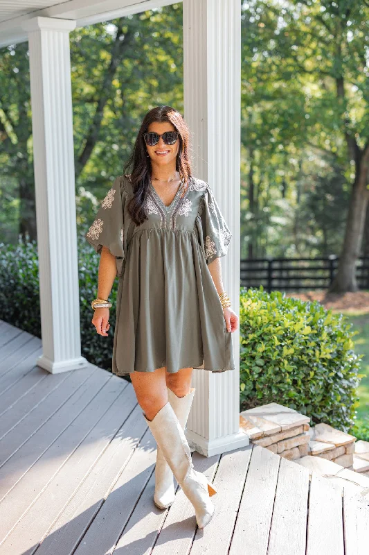 Closeout Floral Invitation Olive Babydoll Dress