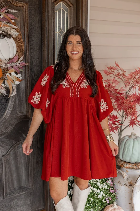 Act Fast Floral Invitation Rust Babydoll Dress