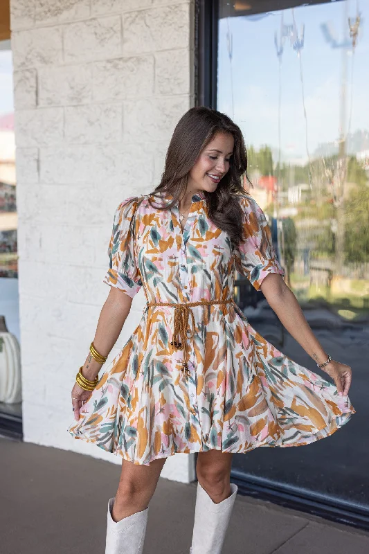 Referral Discount Falling Leaves Rust Watercolor Dress