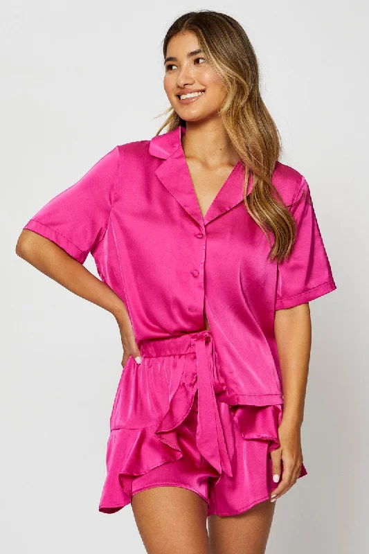 Bonus Savings Pink Satin Pajamas Set Short Sleeve