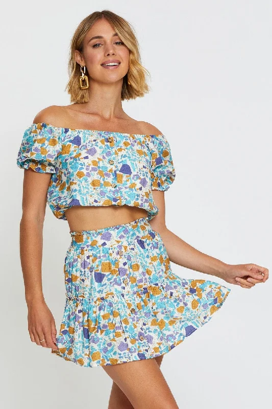 Extra Savings Print Flare Skirt Mini High Rise