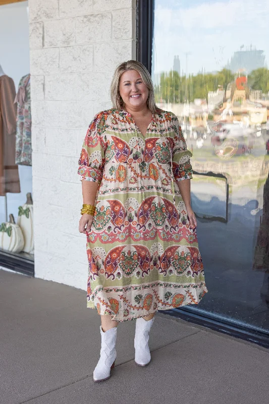 Blowout Sale Autumn Print Green Midi Dress