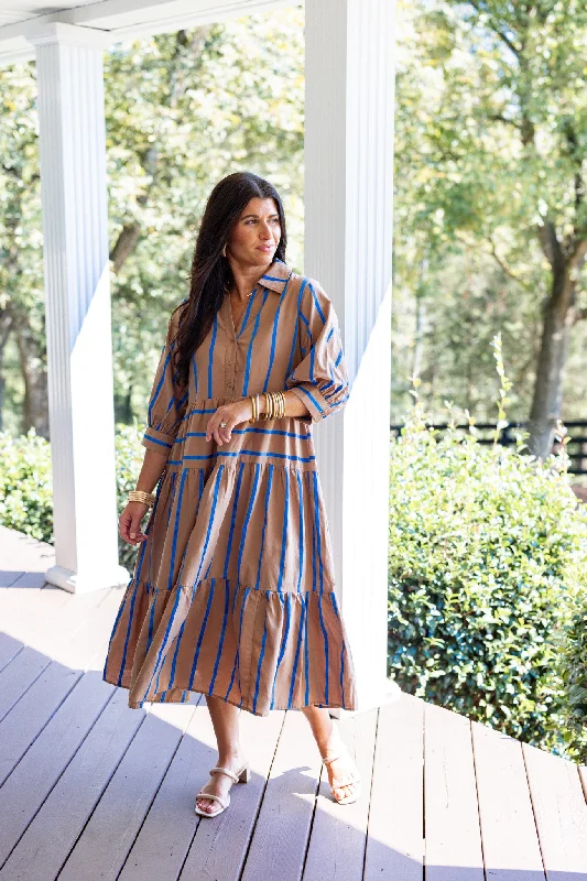 Fantastic Offers Ribbon Striped Mocha Midi Dress