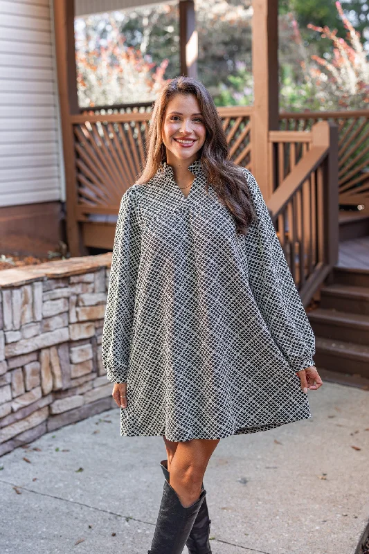 Year-End Clearance Square Print Black Babydoll Dress