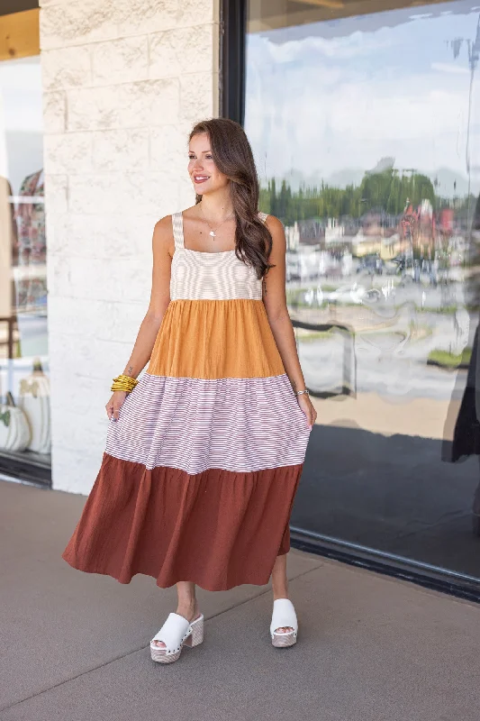 Final Sale Striped Colorblock Mustard Midi Dress