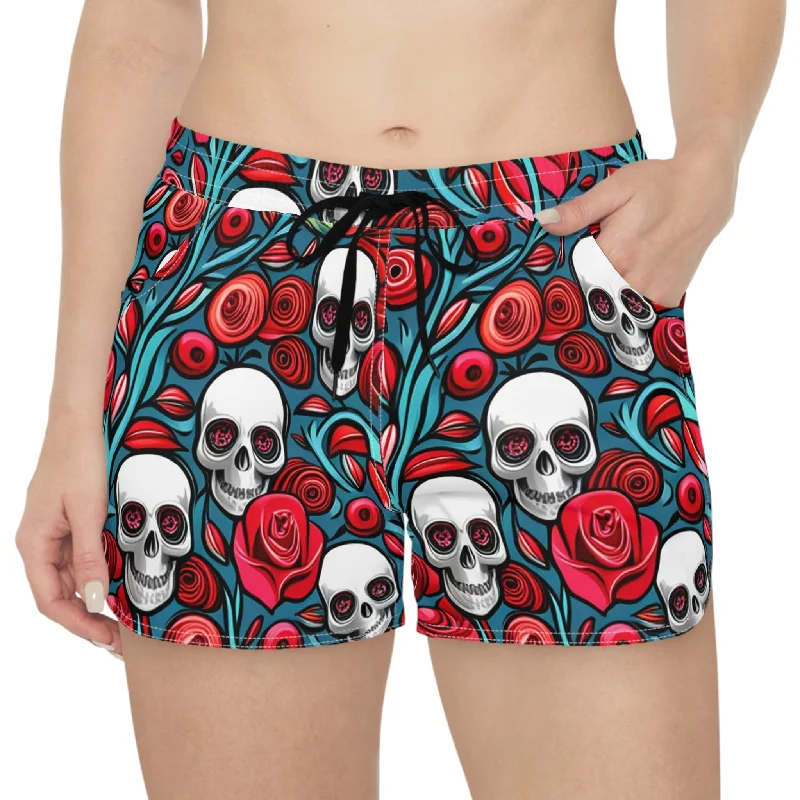 Women's Red Roses White Skulls Casual Shorts