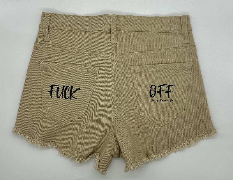 Major Savings Salty Savage Ladies Mid Rise “FUCK OFF” Distressed Stretch Jean Shorts | Khaki Major Savings Salty Savage Ladies Mid Rise “FUCK OFF” Distressed Stretch Jean Shorts | Khaki