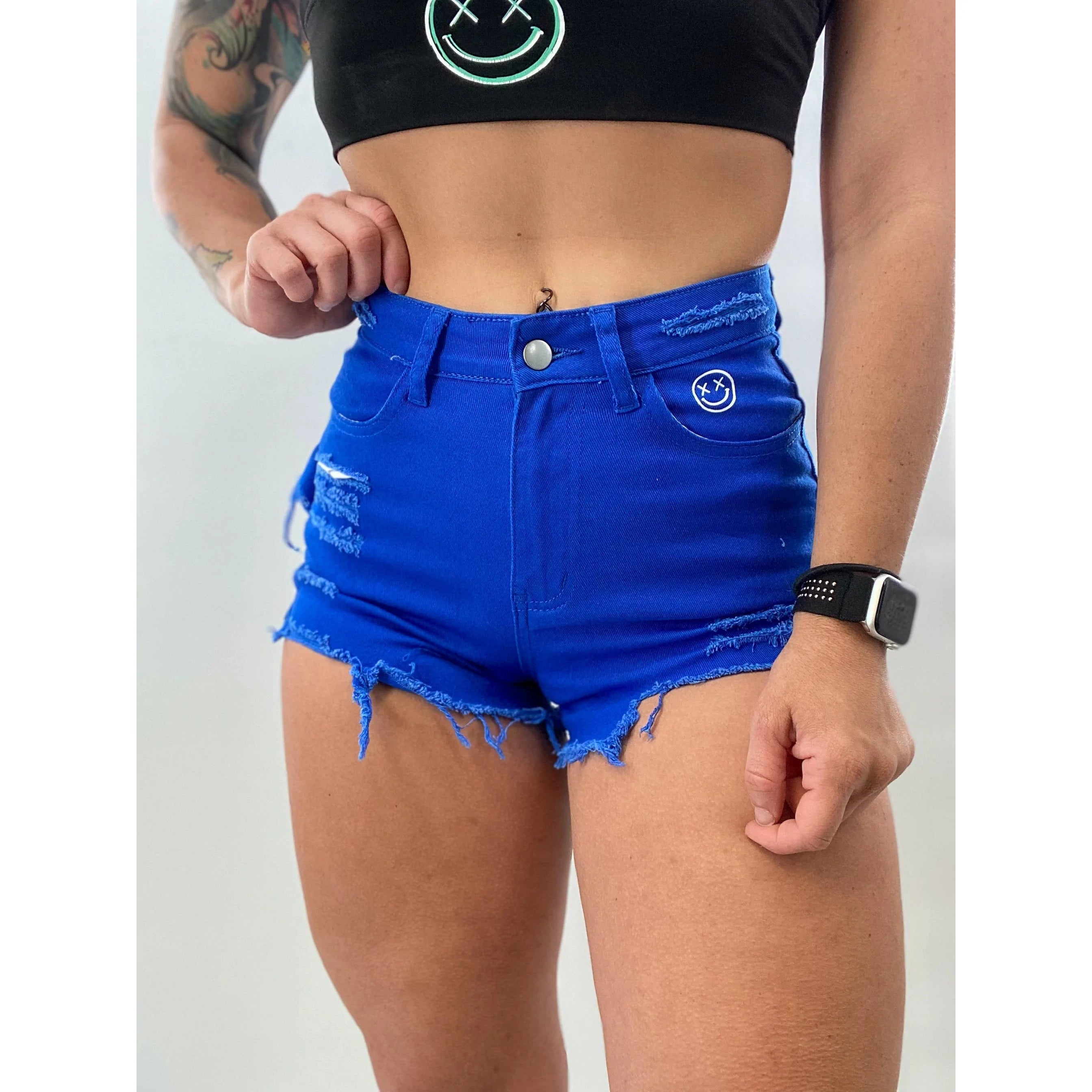 New Arrival Salty Savage Ladies High Rise “OG Smile” Distressed Stretch Jean Shorts | Royal Blue New Arrival Salty Savage Ladies High Rise “OG Smile” Distressed Stretch Jean Shorts | Royal Blue