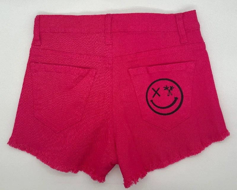 Sale Event Salty Savage Ladies Mid Rise “Palm Smile” Distressed Stretch Jean Shorts | Fuchsia Sale Event Salty Savage Ladies Mid Rise “Palm Smile” Distressed Stretch Jean Shorts | Fuchsia